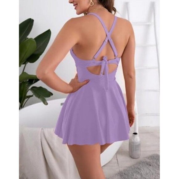 Women's One Piece Swim Dress Wrap Swimsuits Tummy Control Cutout V Neck Size L - Picture 2 of 7